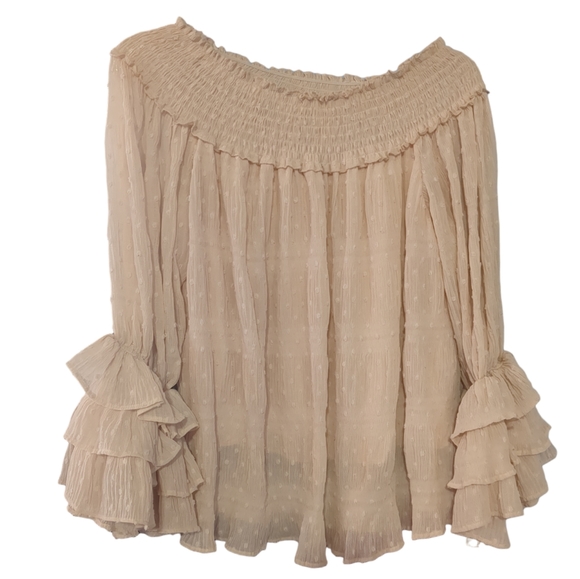 🌹3/15🌹BY TOGETHER Light Pale Pink Blush Frilly Off the Shoulder Flowy Top - Picture 2 of 6